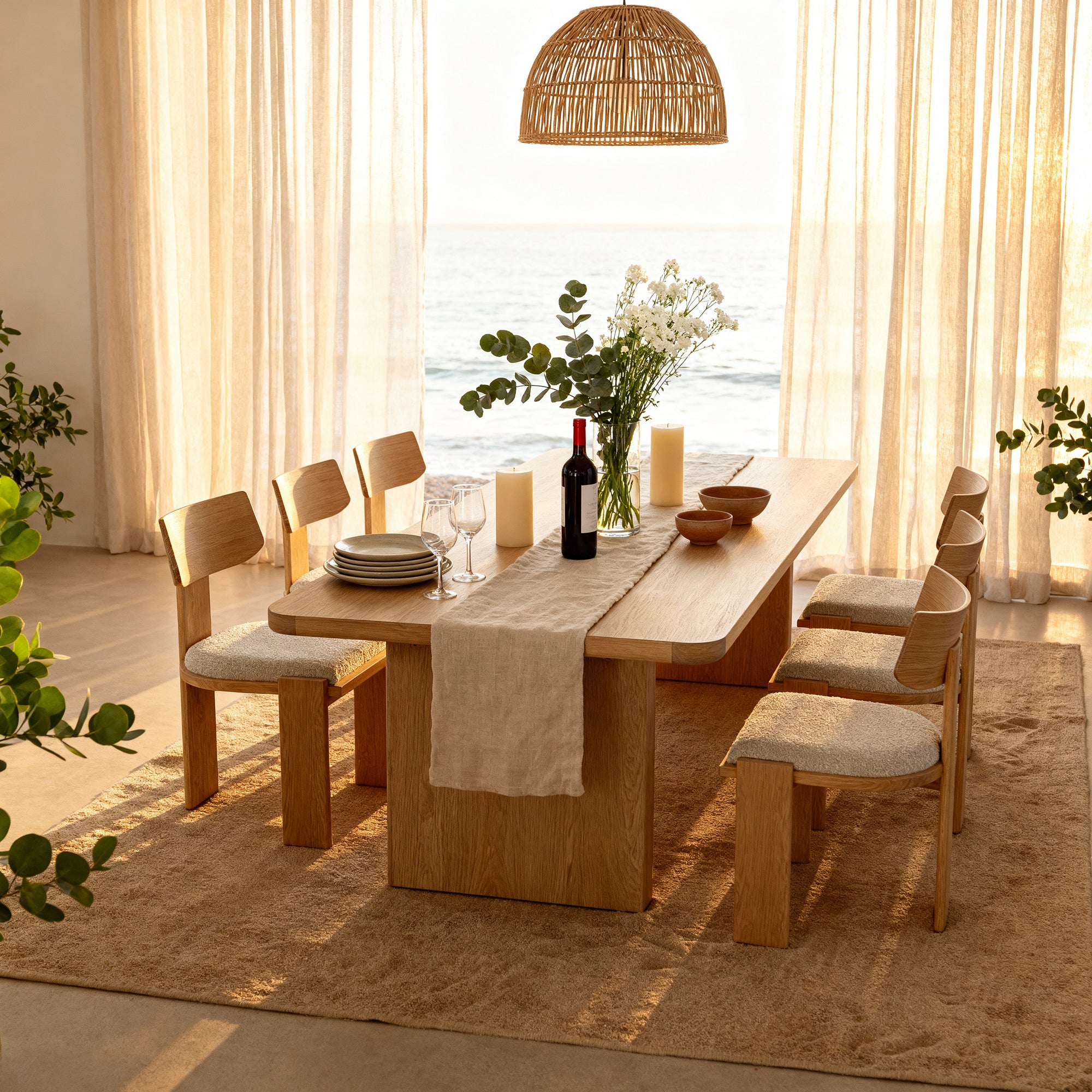 Dining room with wooden table and chairs, set for a meal with wine and glasses, large windows with curtains.