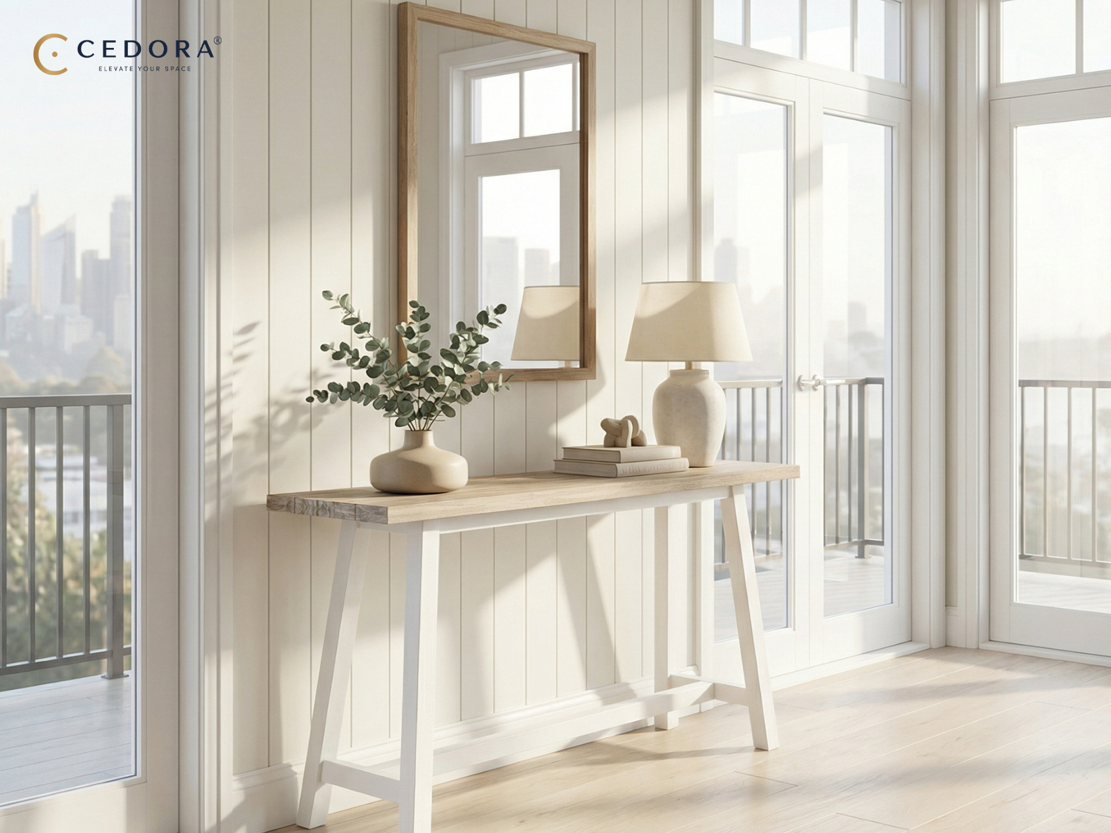 Oxford dining table with a light acacia top on a white trestle base, set with eight white timber chairs on a round jute rug
