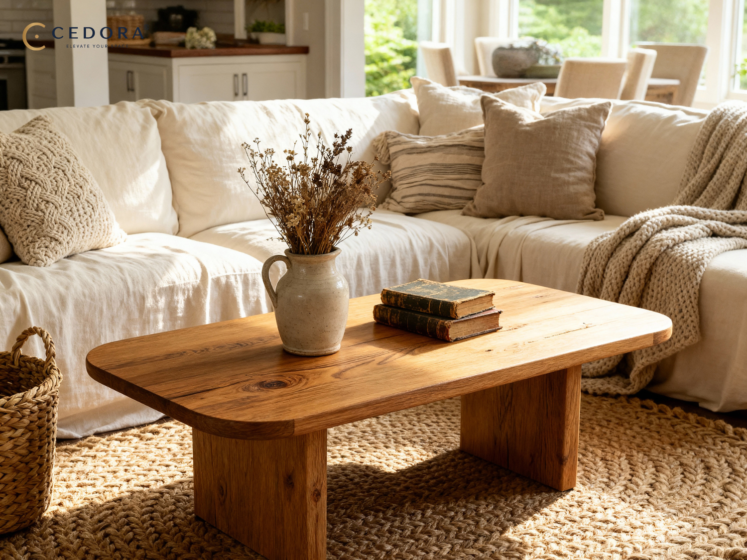 Timber coffee table with a dried arrangement and books in front of a linen sofa