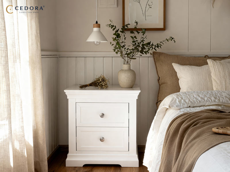 White two drawer bedside table with round handles beside an upholstered bed, styled with a ceramic lamp and a small plant