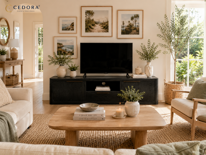 Black two door TV unit with one drawer below a wall-mounted television, styled with a low vase and a stack of books