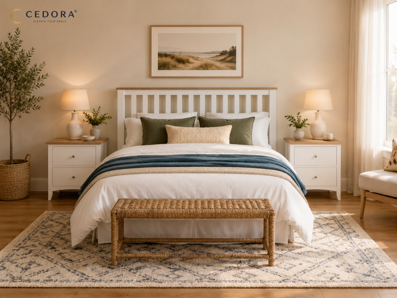 White timber king bed with two storage drawers in the base, styled with timber bedside tables and warm lamp light