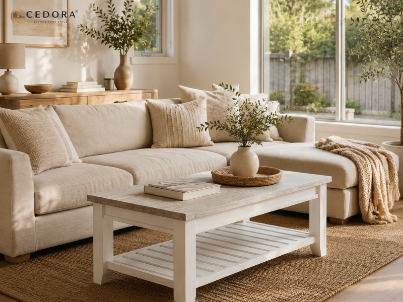 Coffee table with a white frame and light timber top, styled with a stack of books, a shallow bowl and a vase of olive stems