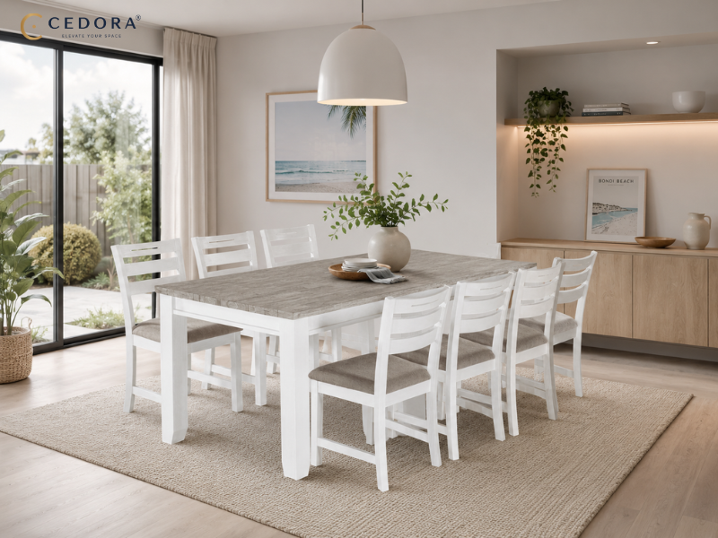 Two layout options for a compact open-plan apartment: a small dining table zone beside an island bench with stools