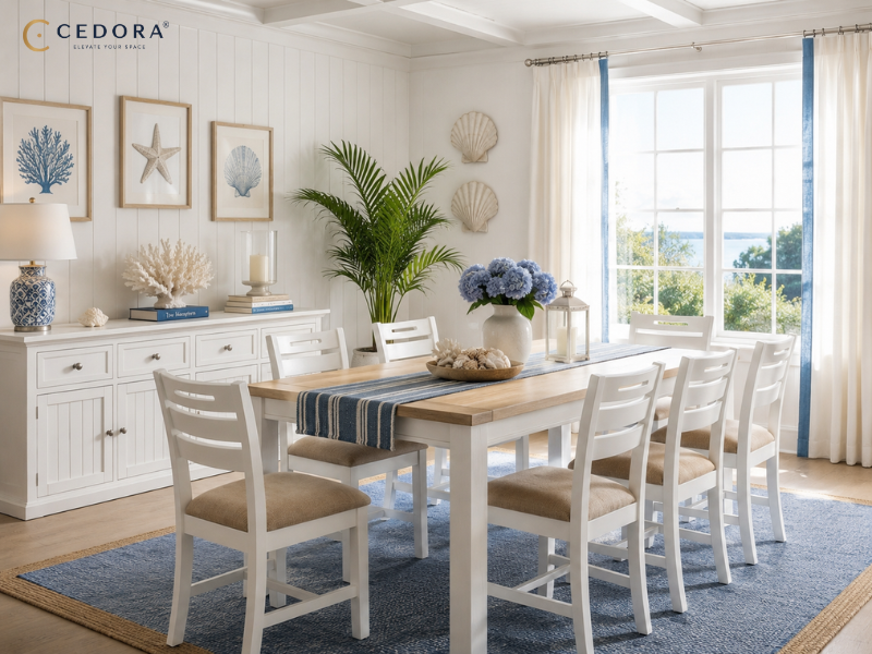 Hamptons living room in white and soft blue with a timber-topped coffee table, cream sofa and jute rug