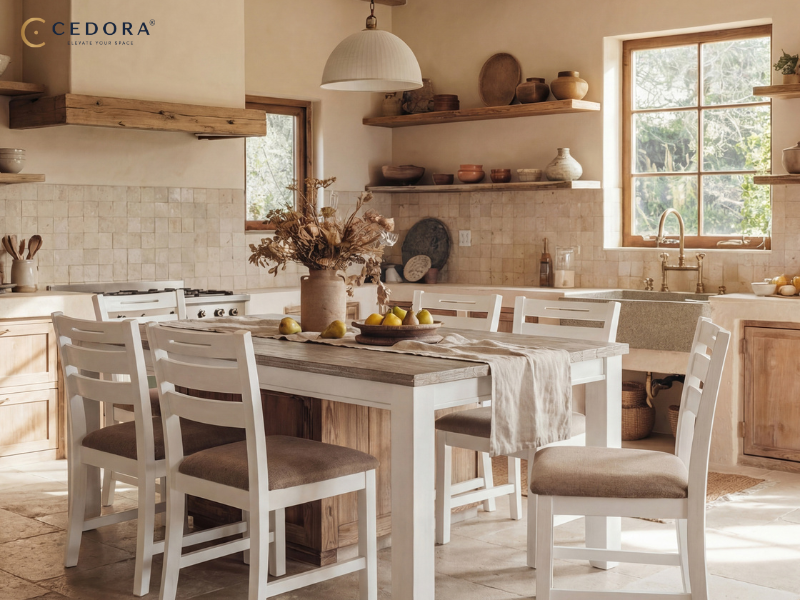 Stylish mismatched dining chairs around a timber dining table