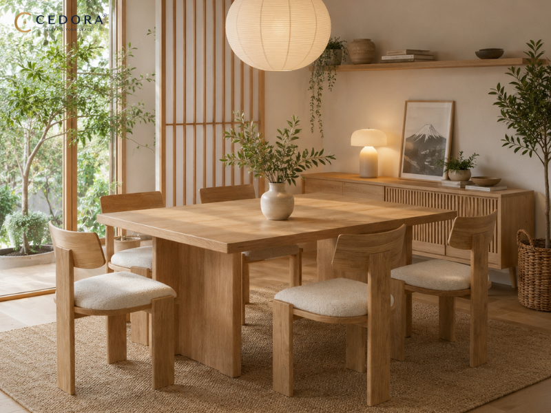 Japandi dining room with a natural timber table, boucle-seat chairs, rattan pendant and a slatted timber sideboard