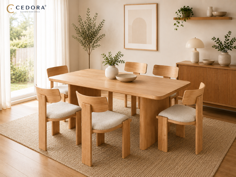 Natural timber dining table with rounded corners and six boucle-seat chairs in a compact apartment dining zone