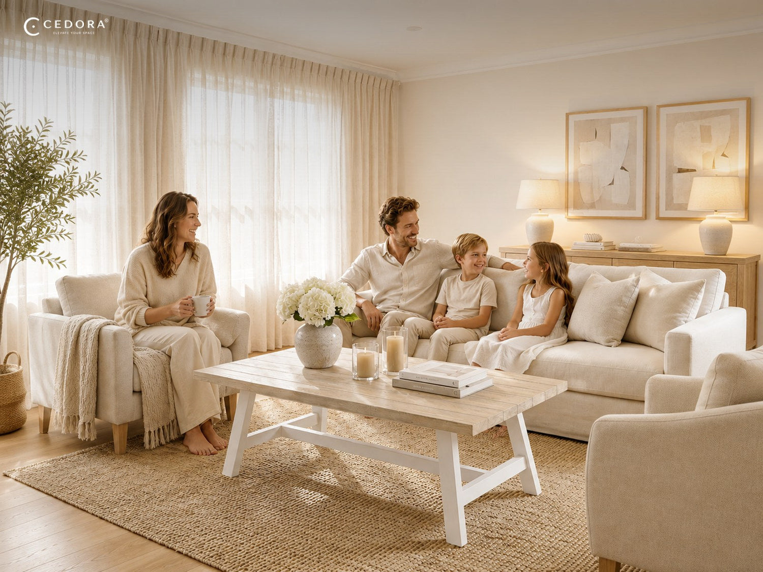 A family together on a linen sofa in a bright Australian living room, around a white based timber coffee table on a jute rug