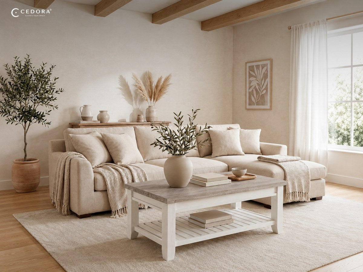 Byron white coffee table with a limed timber top and slatted lower shelf, on a rug in a neutral living room with a linen sofa