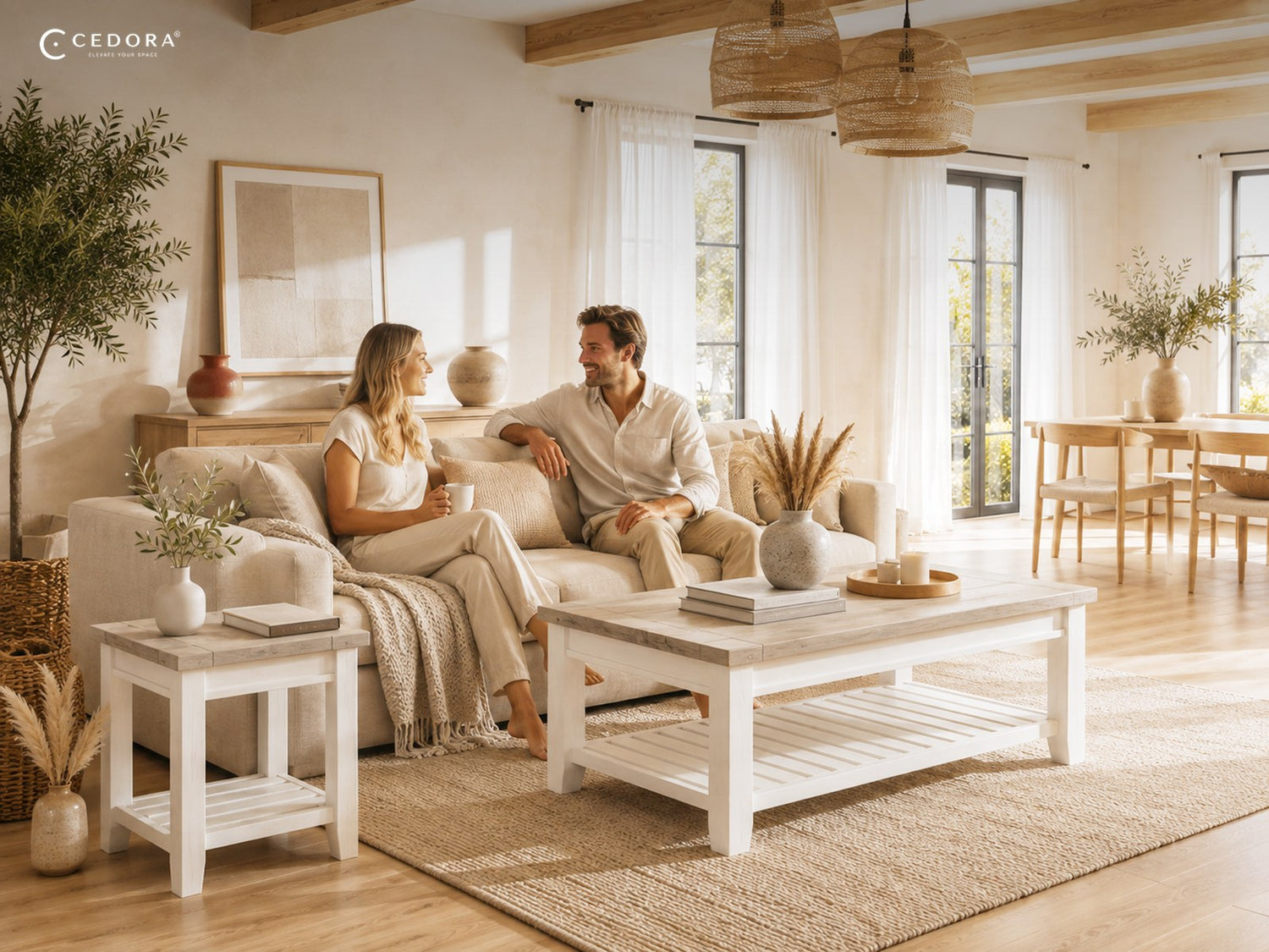 A couple relaxing on a linen sofa in a bright coastal living room, around a white based timber coffee table and side table on a jute rug