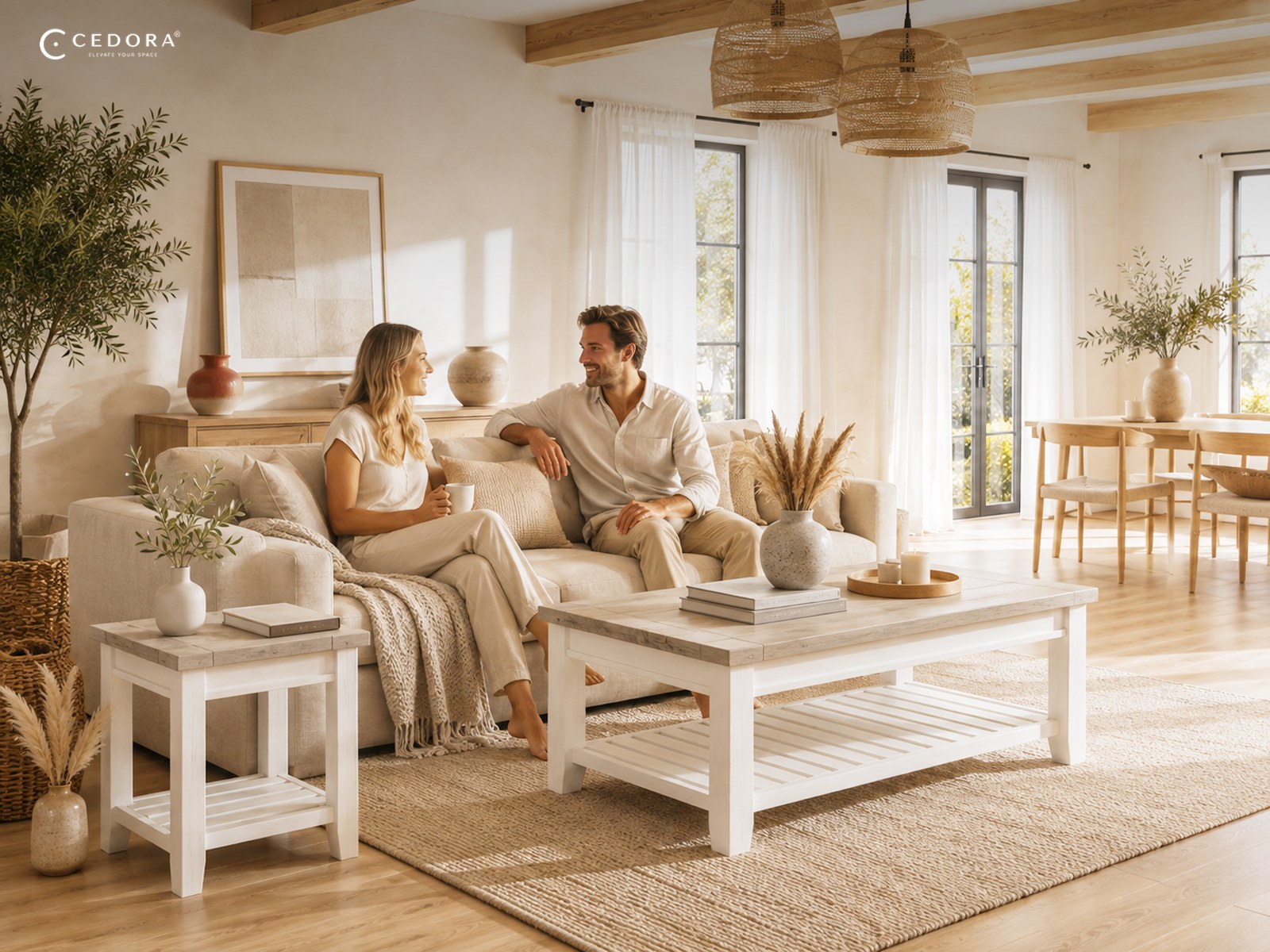 A couple relaxing on a linen sofa in a bright coastal living room, around a white based timber coffee table and side table on a jute rug