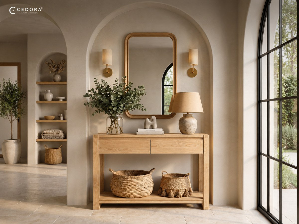 Timber hallway console table in an arched entryway, styled with a mirror, table lamp, vase of olive branches and woven baskets underneath
