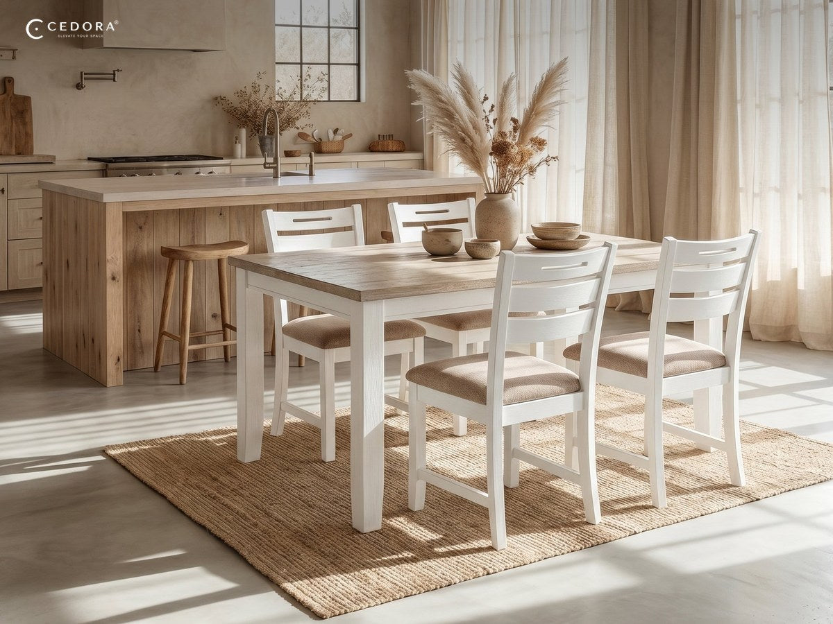 Byron 160cm dining table with a pale timber top, white legs and four white slat back chairs in a rendered kitchen with an island bench