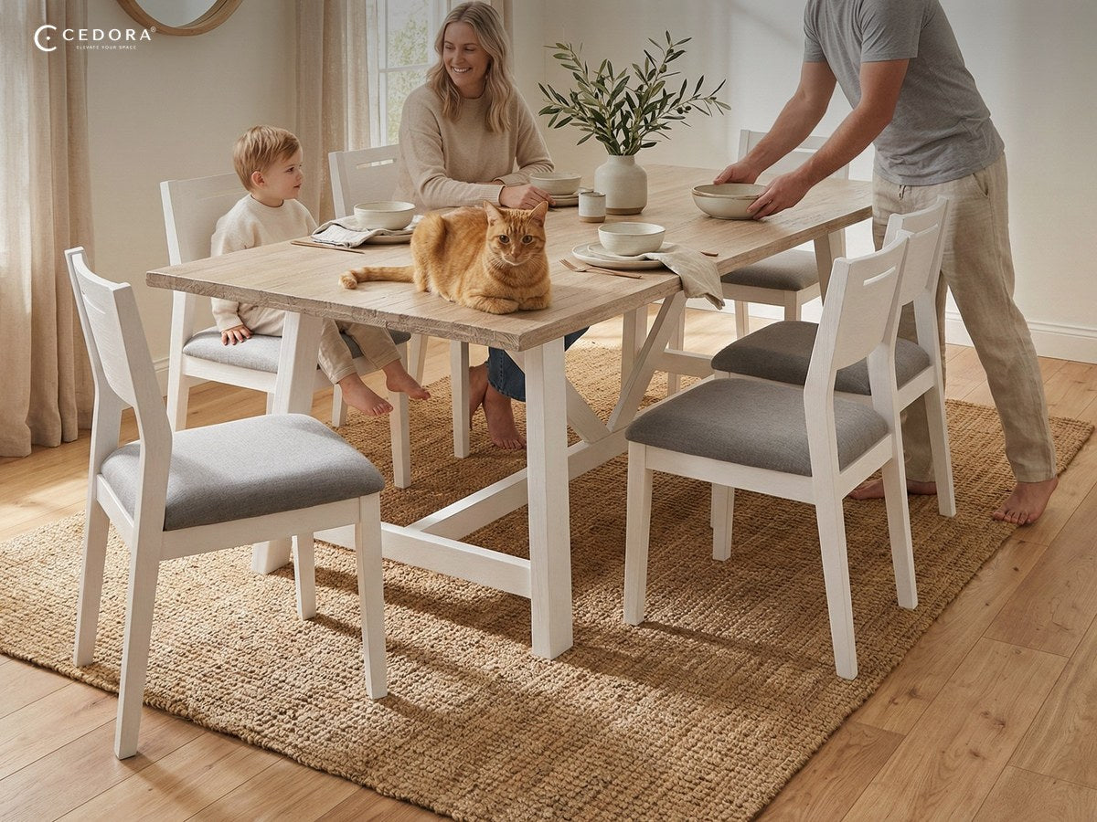 Family seated around a pale acacia topped dining table with white legs and a cat on the table in a bright room