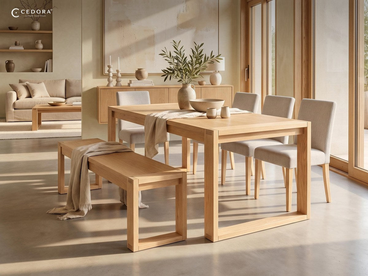 Dining setting with four upholstered chairs on one side and a timber bench on the other, sold together as one order