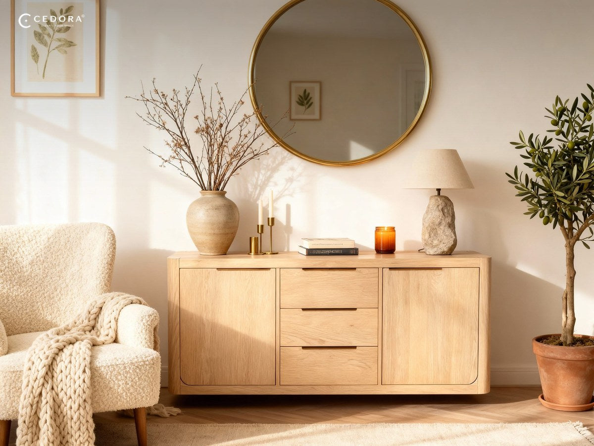 Natural timber sideboard with doors and drawers under a round mirror beside a linen armchair