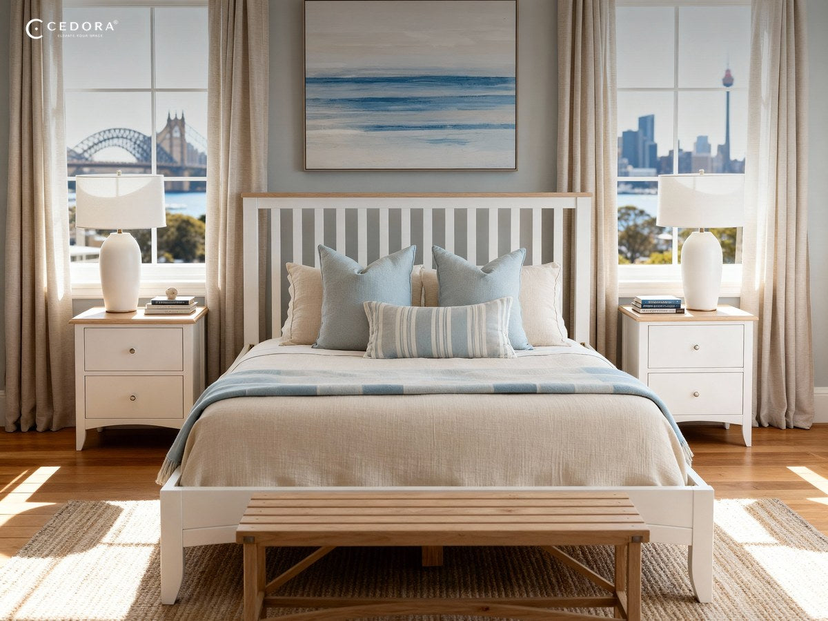 White slatted headboard queen bed frame between two compact bedside tables in a bright coastal bedroom