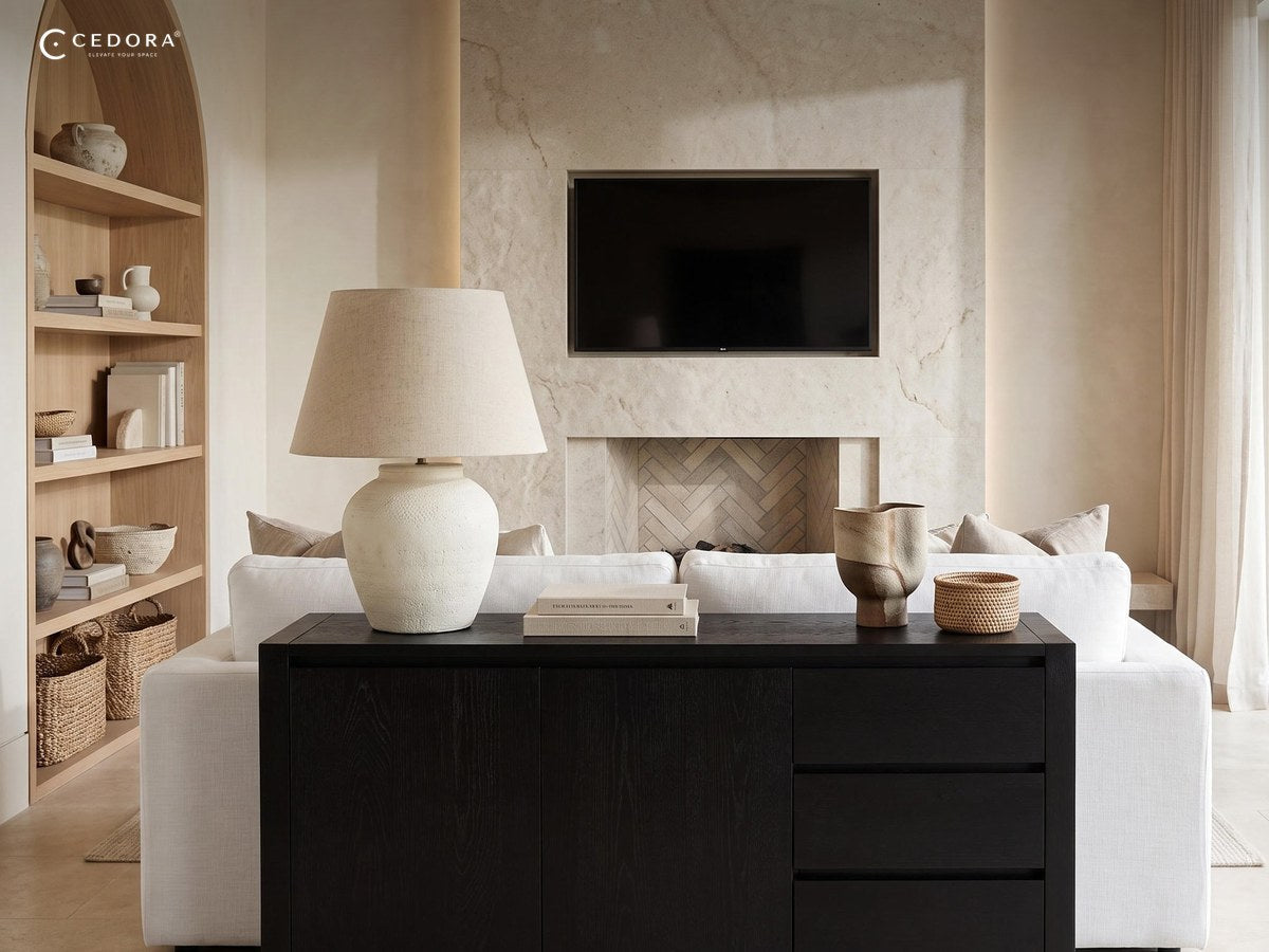Black timber sideboard with doors and drawers behind a pale sofa in a room with a fireplace