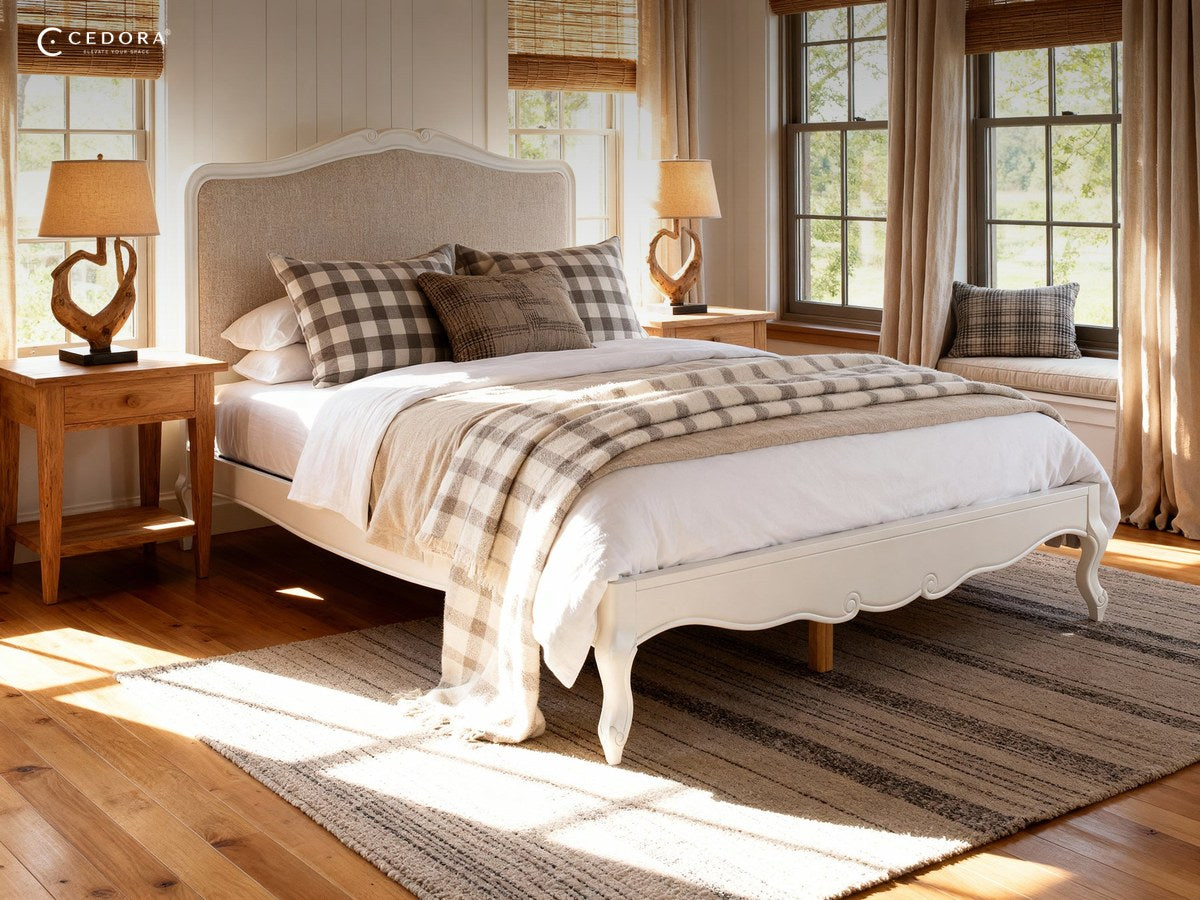 Upholstered headboard bed frame in a country bedroom, one of four similar looking white bedroom ranges