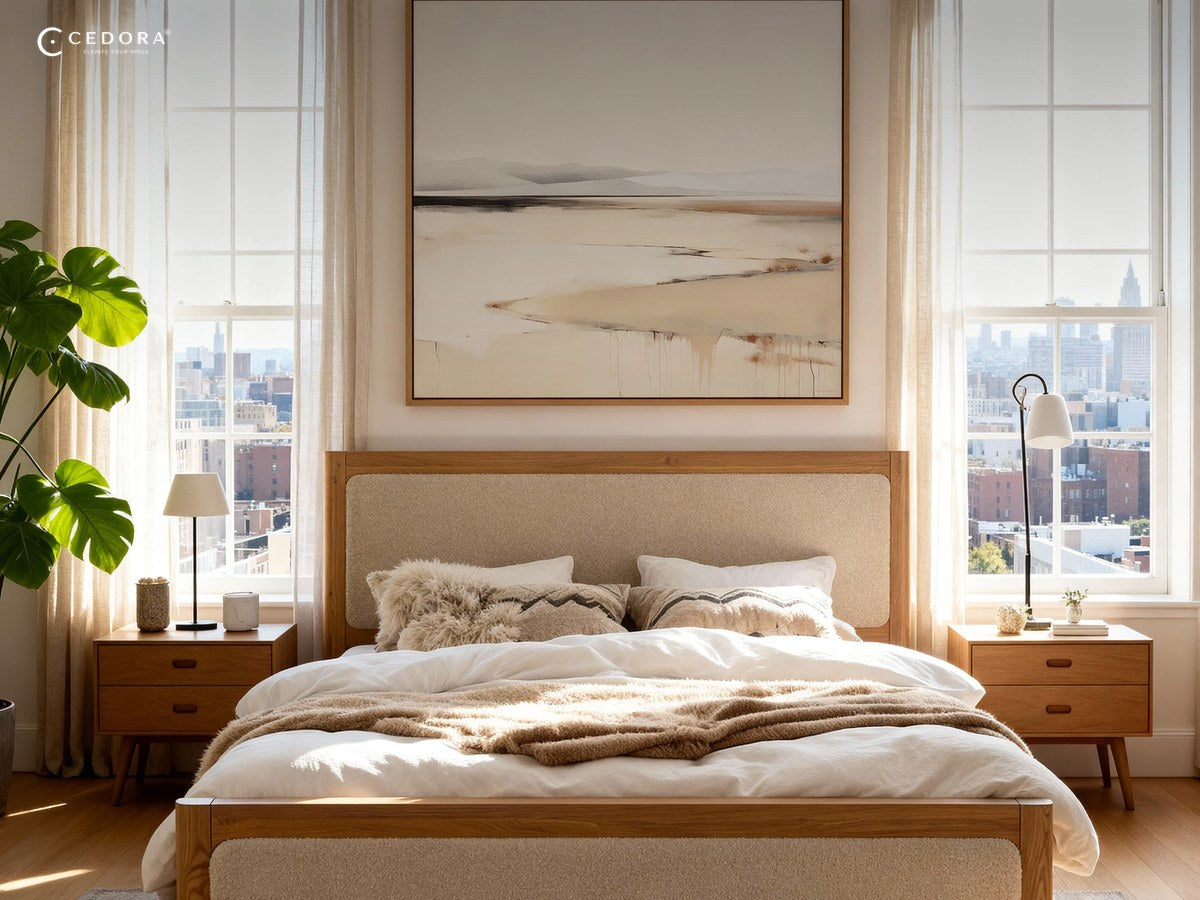 Liverpool bed frame in natural timber with a pale upholstered bedhead between two bedside tables in bright daylight