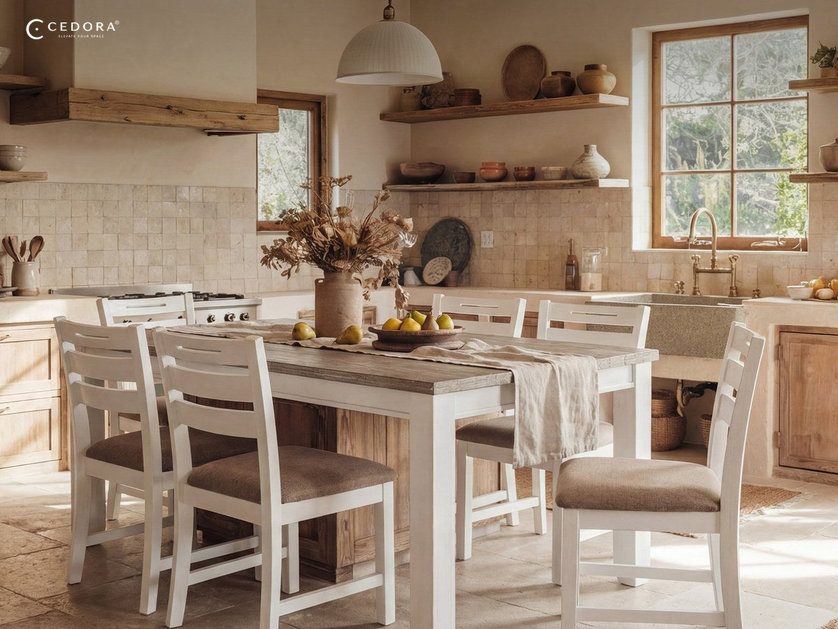White timber dining chairs with pale upholstered seats around a rustic dining table in a farmhouse kitchen