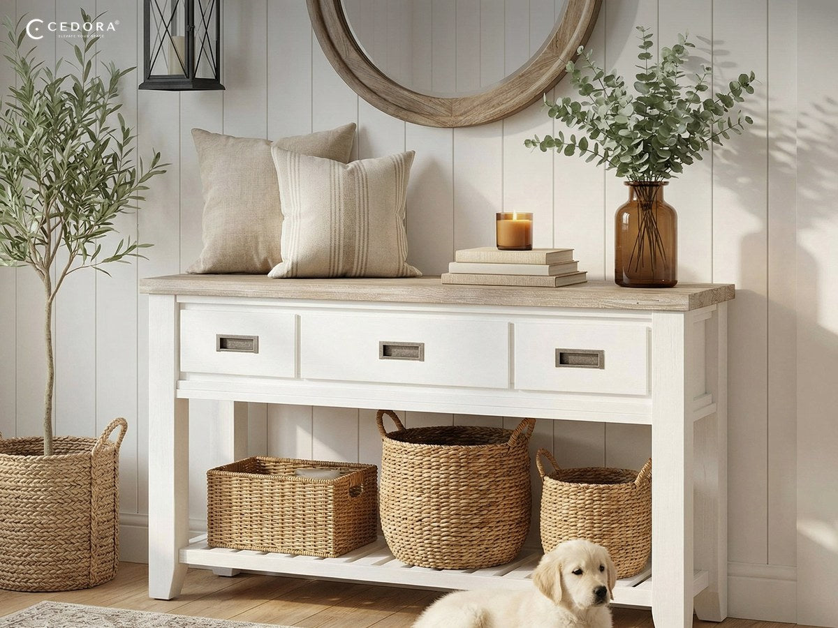 White console table with drawers and baskets underneath against a panelled wall with a round mirror