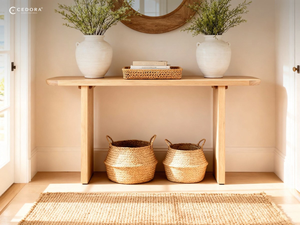 Liverpool console table in pale timber with a bare top and two panel legs, holding vases and a tray under a round mirror in an entryway