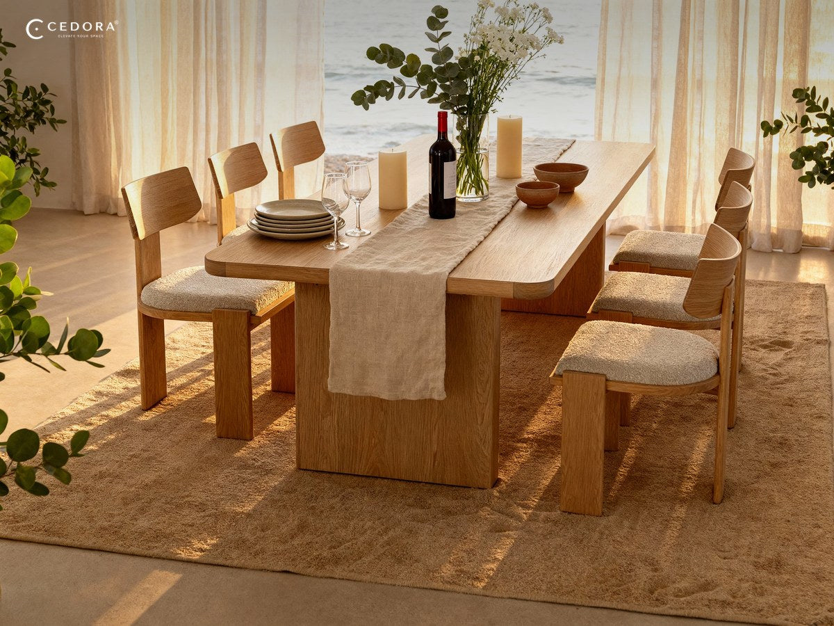 Liverpool dining table in pale timber with six timber chairs and upholstered seats, set for a meal in front of sheer curtains