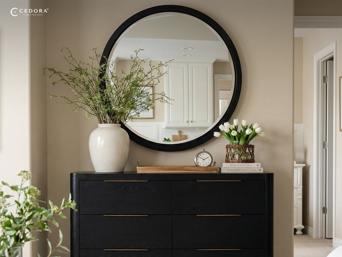 Round black framed mirror above a black six drawer chest styled with a vase, clock and tulips in a hallway