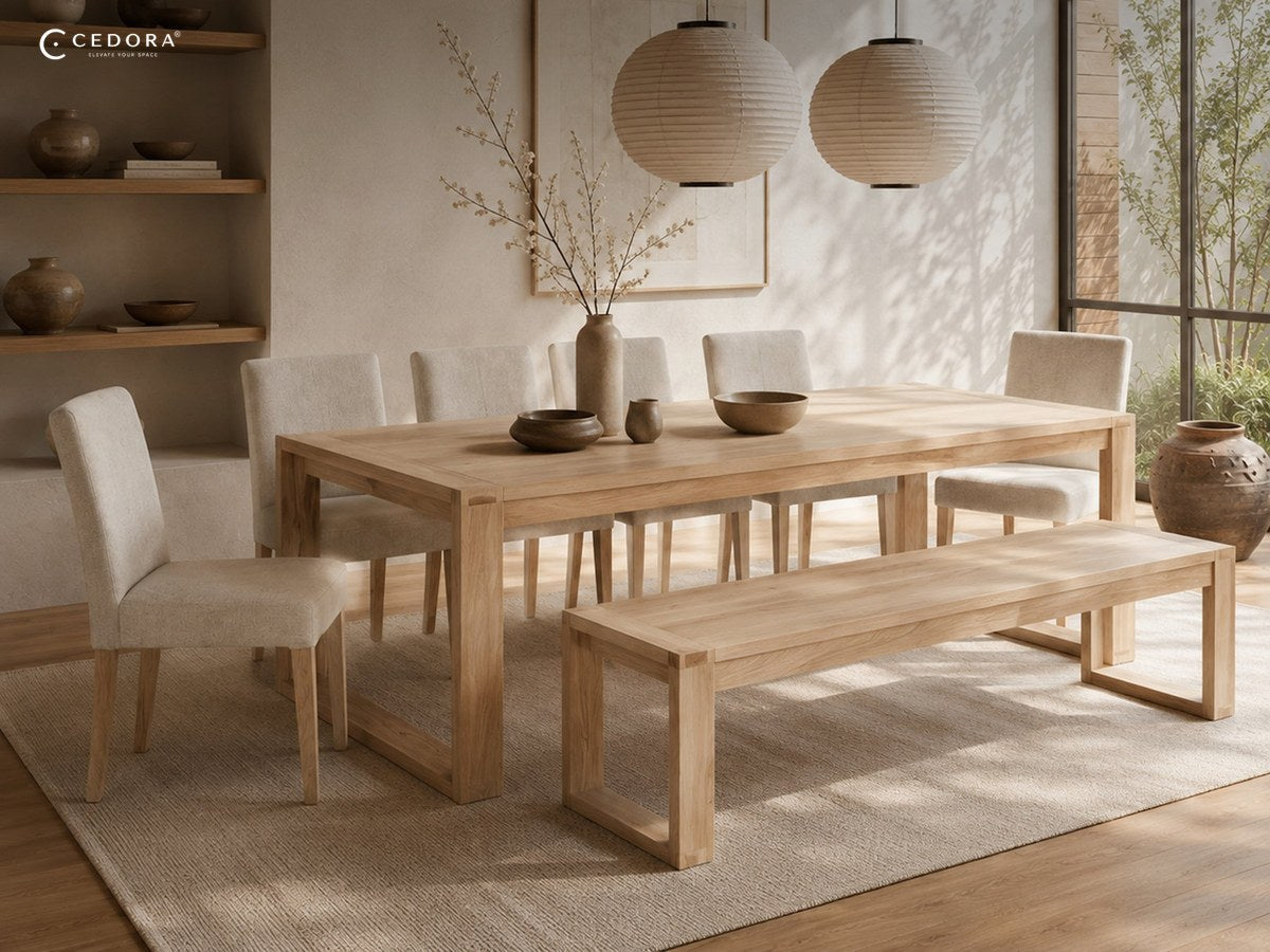 Richmond 240cm dining table in pale timber with upholstered chairs on one side and a long timber bench on the other, under paper pendant lights