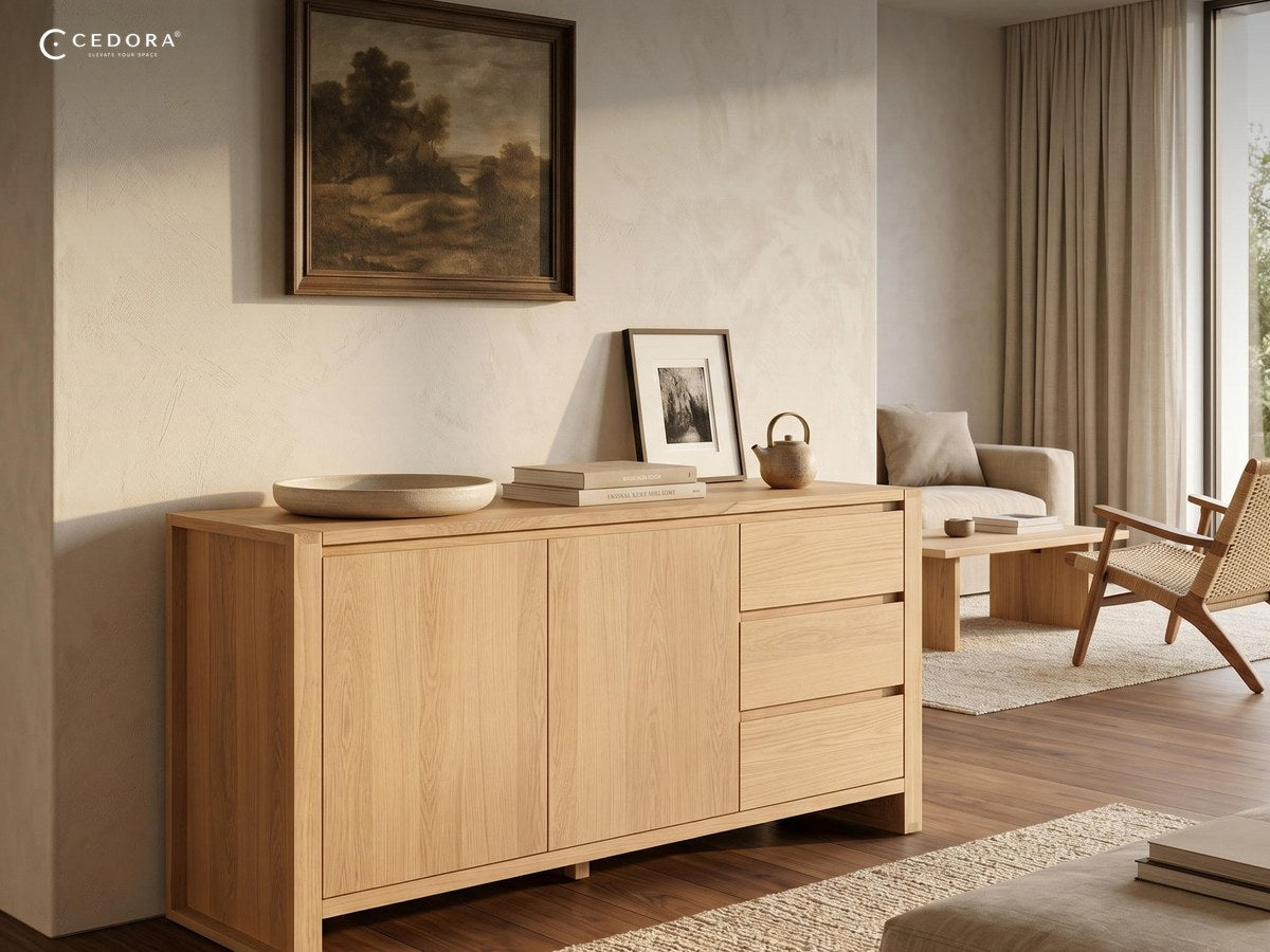 Natural timber sideboard with doors and drawers against a pale wall in an open plan living and dining space