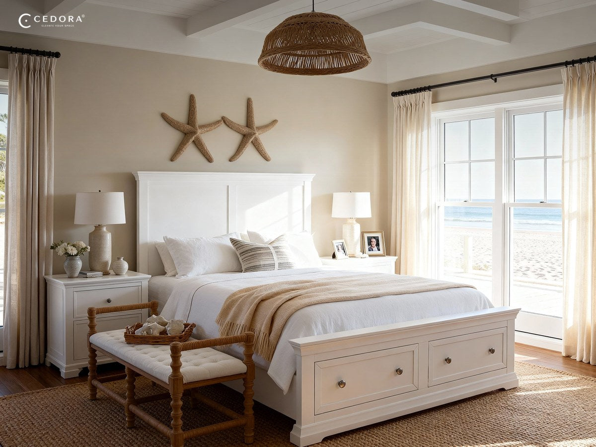 White bed frame with two storage drawers in the base and a timber bench at the foot in a coastal bedroom