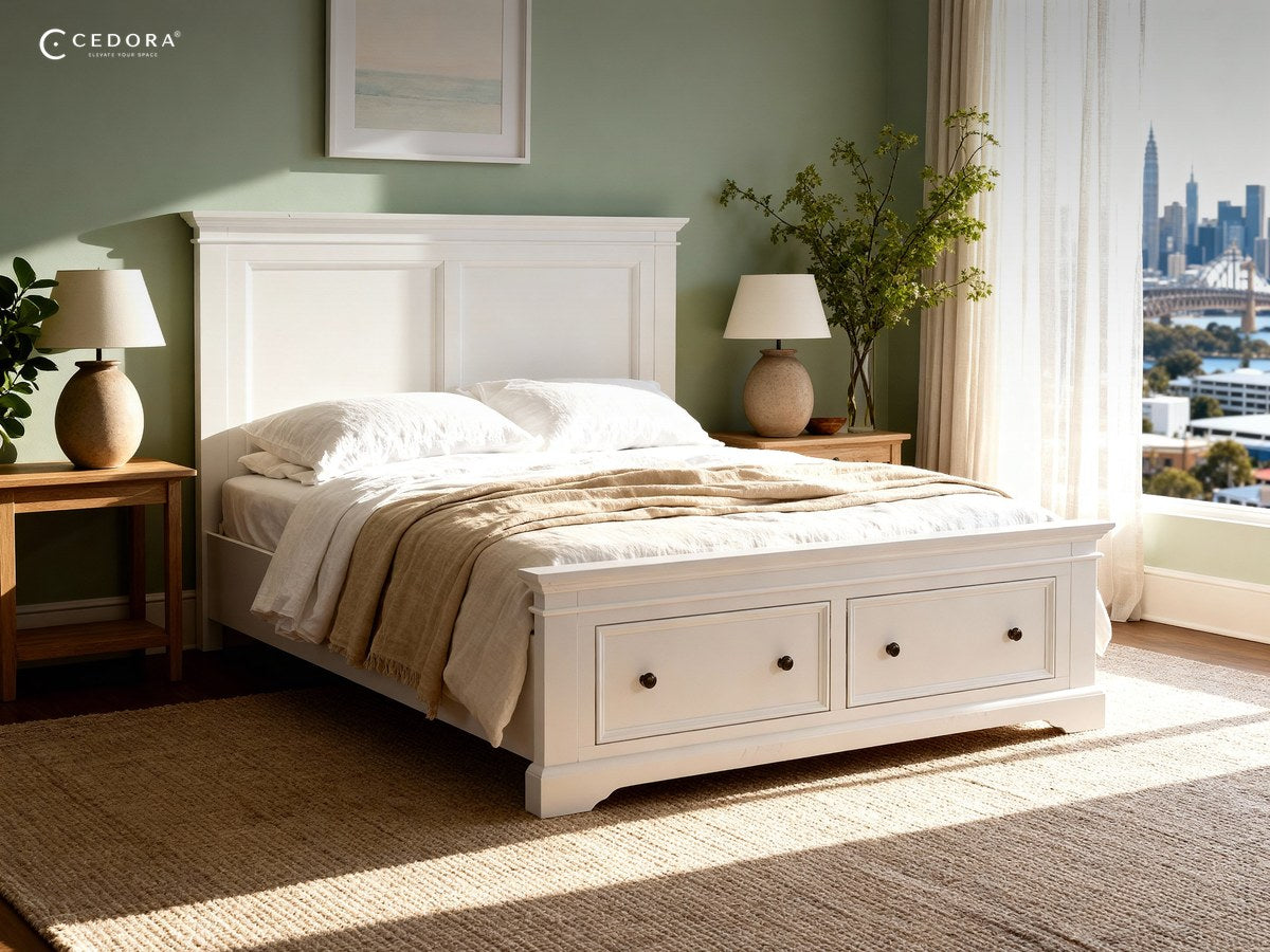 White panelled double bed frame with two storage drawers in the base, in a green bedroom with matching lamps