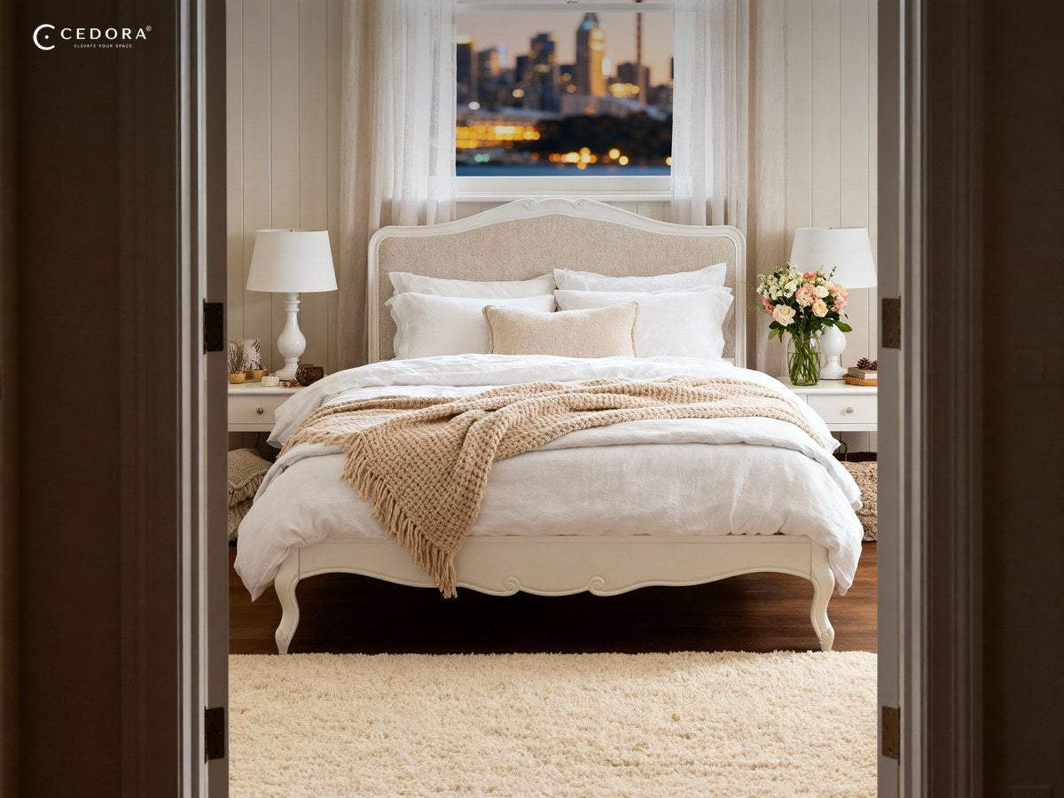 White farmhouse style bed frame with a curved upholstered headboard seen through a doorway into a bright bedroom
