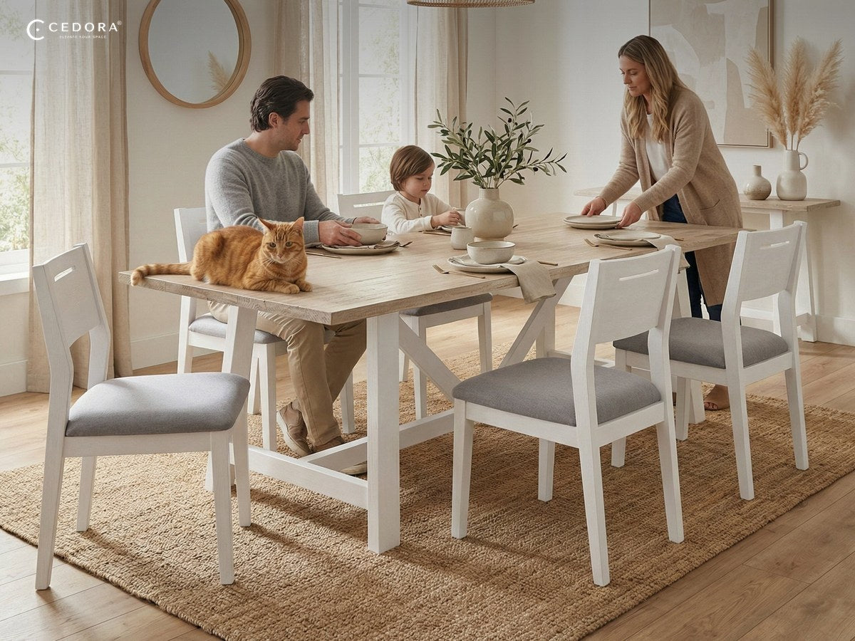 Family setting an Oxford dining table with a pale acacia top on a white trestle base, surrounded by white chairs with grey upholstered seats