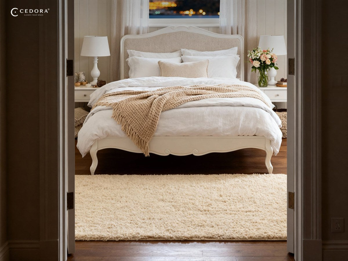 Newcastle bed frame in white with an arched upholstered headboard and curved legs, made up in white linen beneath a window with a city view