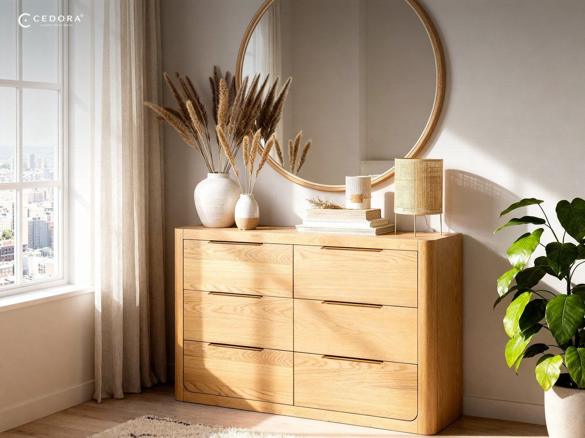 Natural oak six drawer chest under a round mirror with pampas grass in a bright city apartment