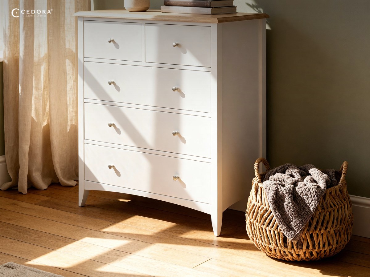 Bristol tallboy in white with a timber top and five drawers, two narrow over three wide, in a sunlit bedroom corner
