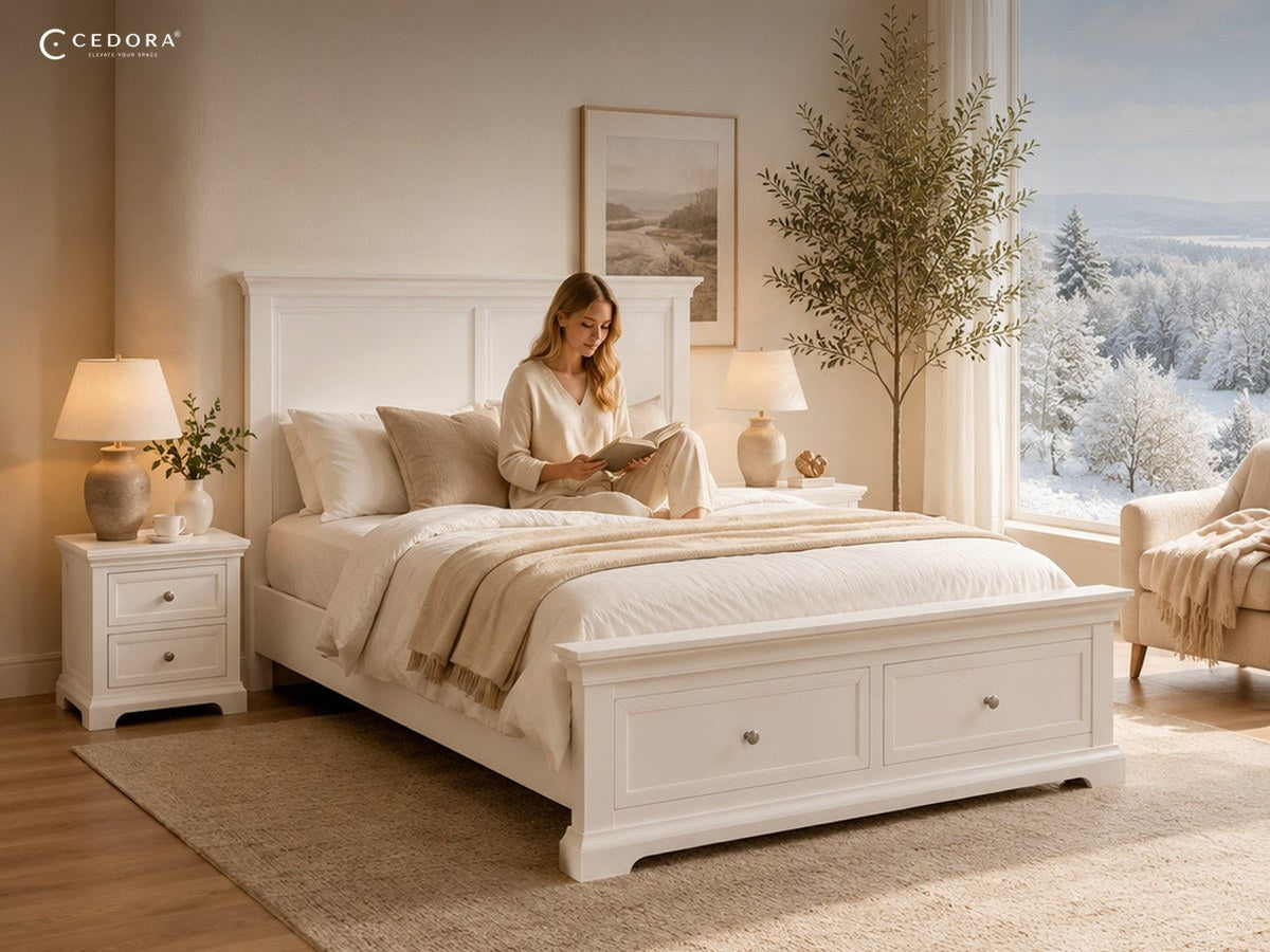 Queen bed dressed in layered neutral bedding with a folded throw and two rows of pillows against a panelled headboard