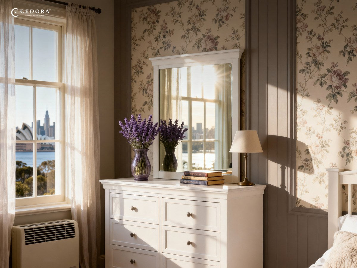 White timber framed mirror standing on a white six drawer chest against floral wallpaper in a bedroom