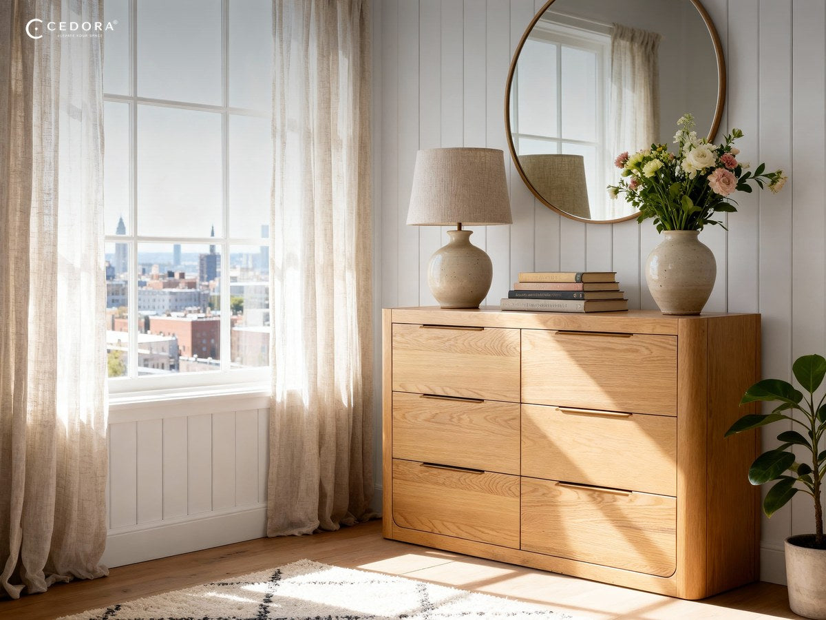 Natural oak six drawer chest styled with a lamp and flowers on a patterned rug in a bright bedroom
