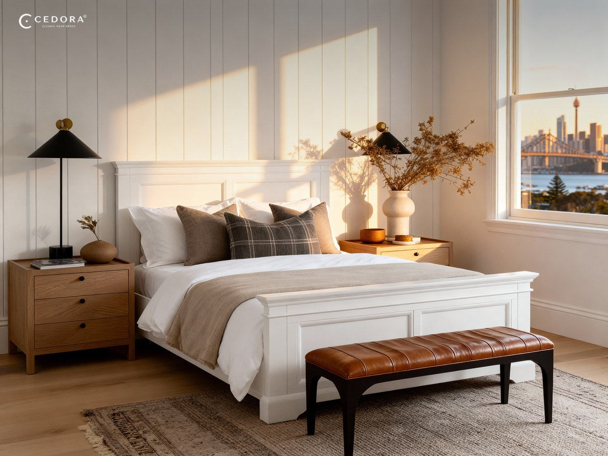 White panelled king bed frame with a leather bench at the foot in a bright bedroom with a harbour view