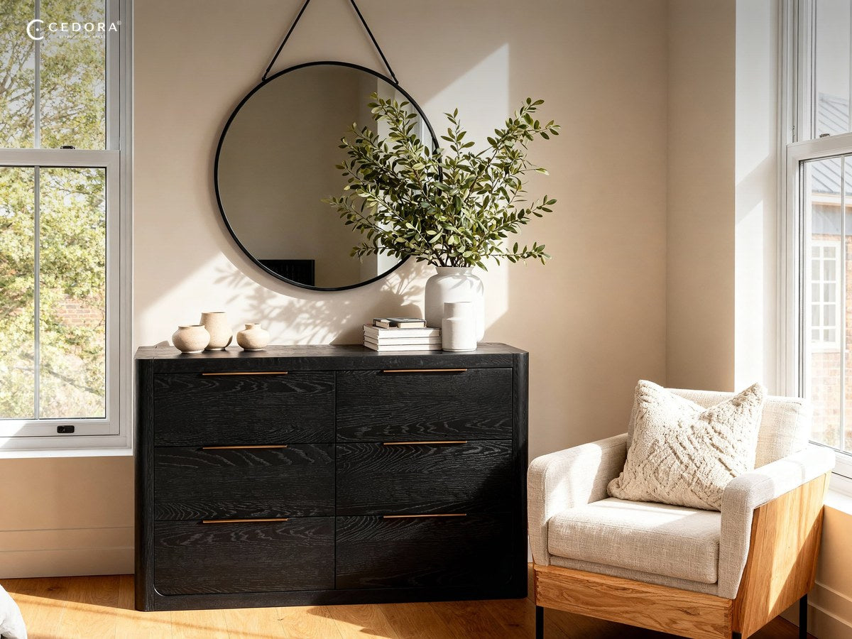 Black timber six drawer chest with brass handles beside a bed in a sunlit bedroom