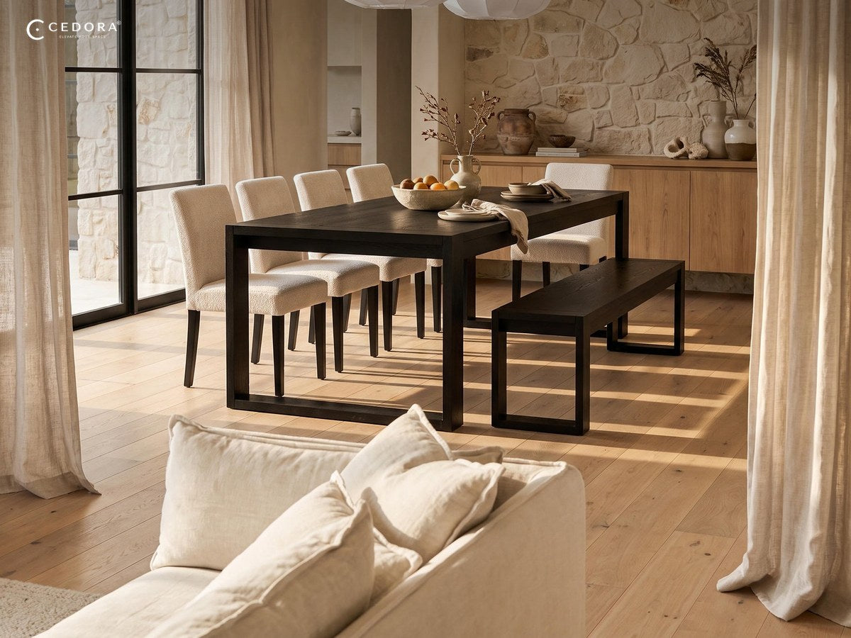 Black dining table and matching bench against a stone wall with pale linen curtains and timber floors