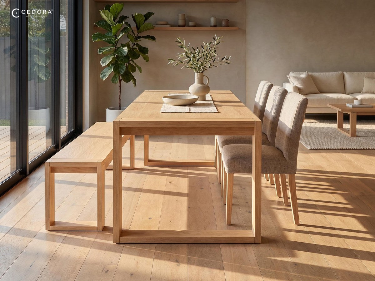 Dining table standing on solid oak legs with a bench alongside it beside sliding doors in a bright room