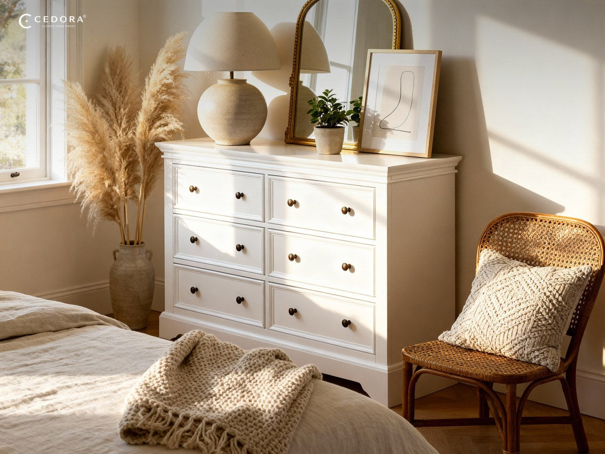 White six drawer chest with a gold framed mirror and lamp beside a bed in a warm sunlit bedroom
