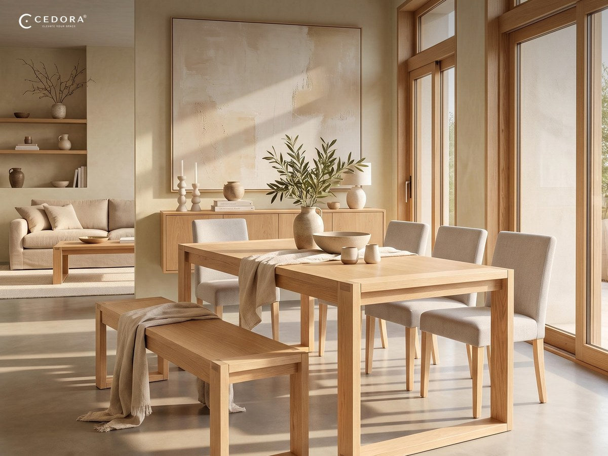 Natural timber dining table with a bench and upholstered chairs in a bright open plan living space