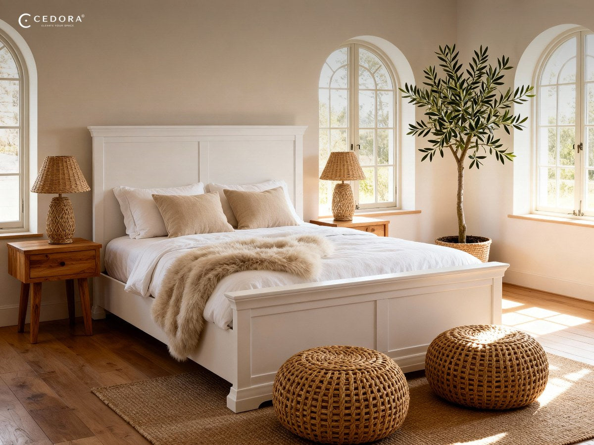 White panelled queen bed frame on a jute rug in a sunlit bedroom with arched windows and woven poufs