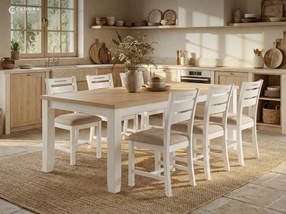 Dining table with six chairs along its sides in a sunlit kitchen with limewashed walls and open shelving